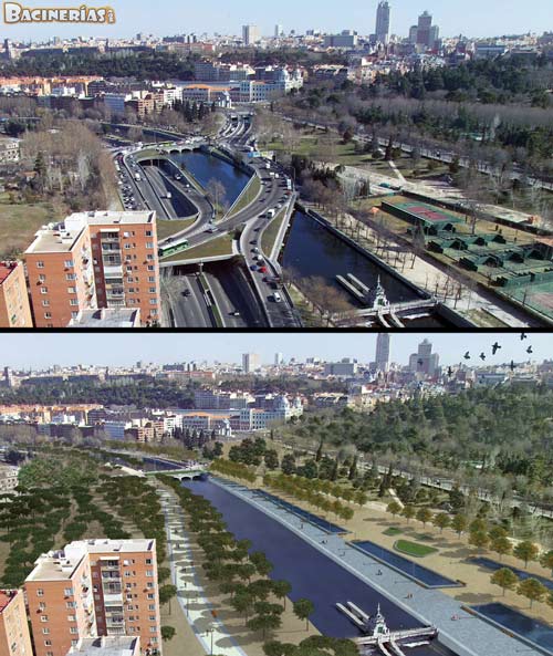 Antes (arriba) y despues (abajo) de las obras "Madrid Río"